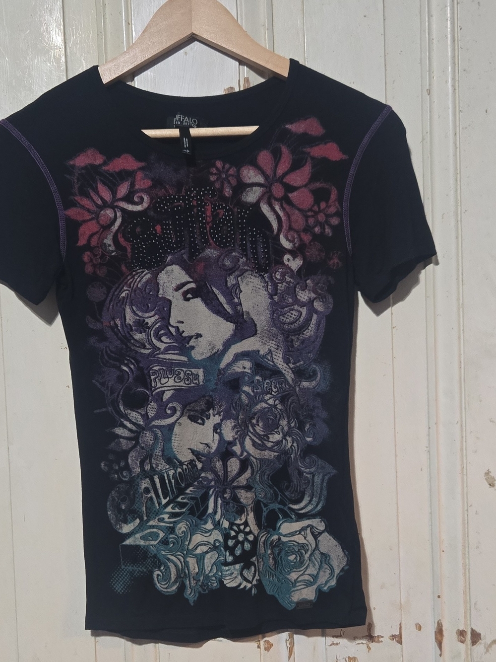 Buffalo David Bitton Y2K Black Short-Sleeve Graphic Tee - Pink and Blue Accents